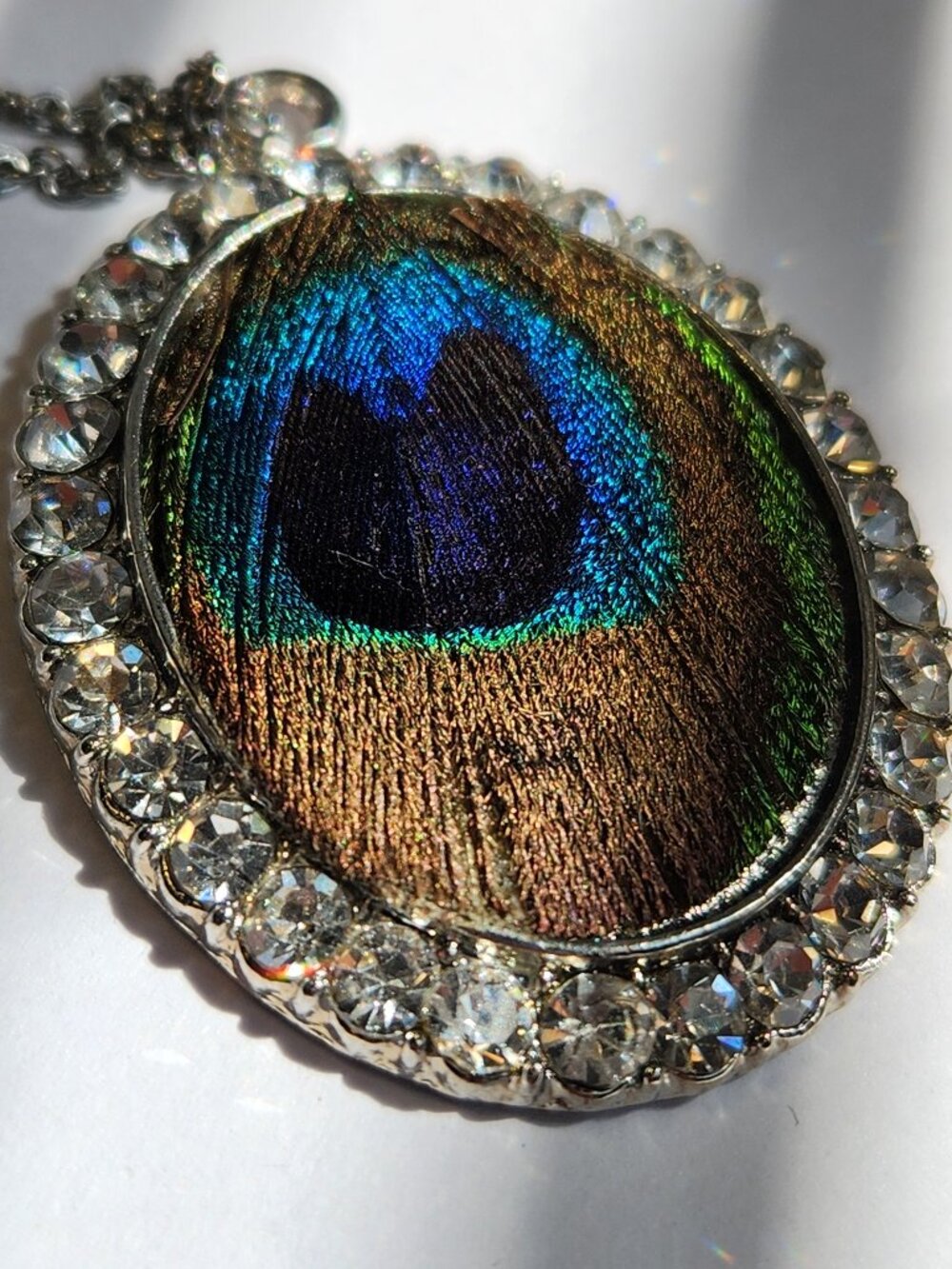 Vintage Peacock Feather Crystal Halo 925 Silver Pendant Necklace 18"